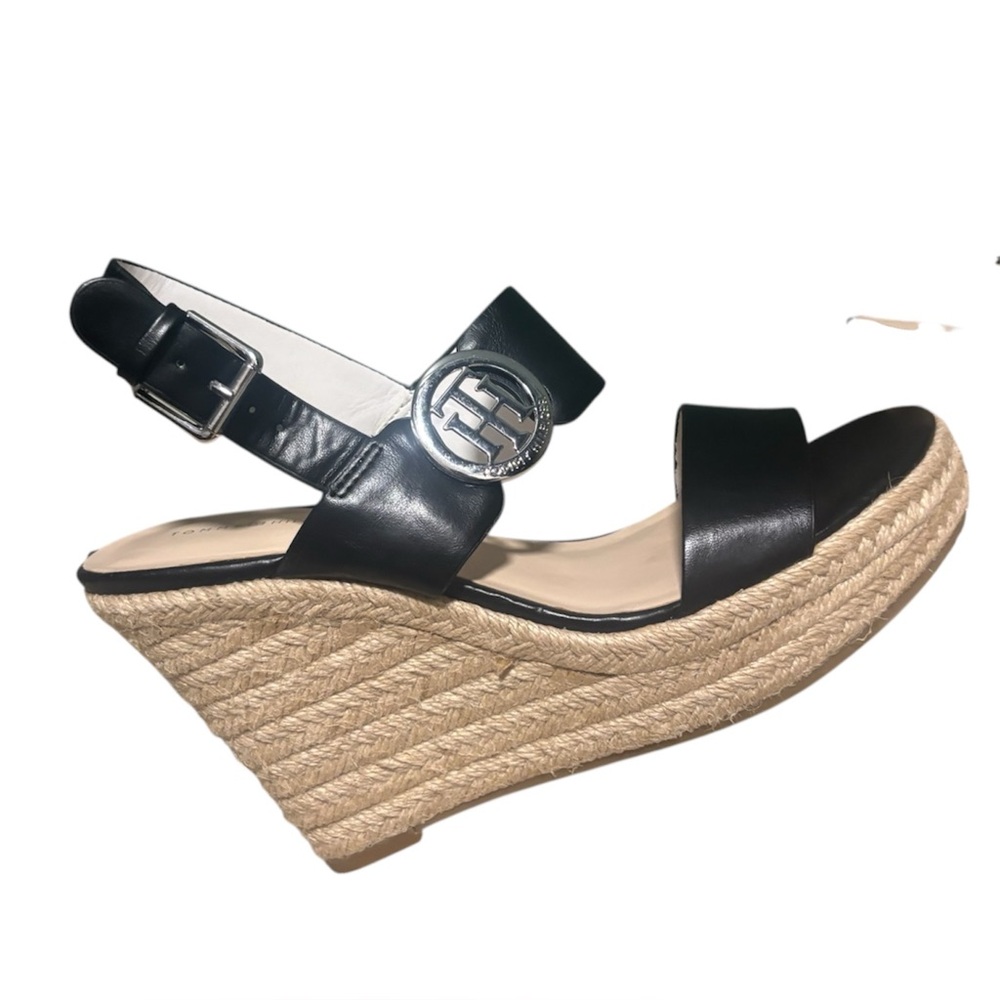 Tommy Hilfiger Black Leather Slingback Platform Sandals